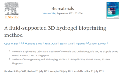 《Biomaterials》一种流体支持的 3D 水凝胶生物打印方法